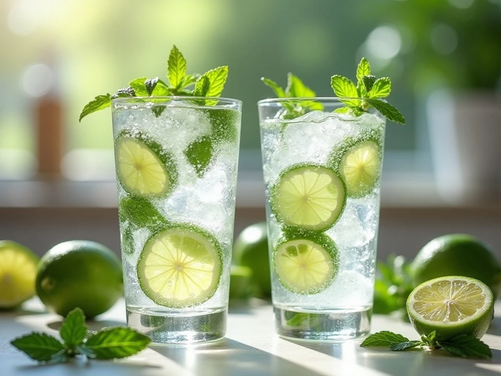 Two refreshing glasses of mint lime sparkling water with ice and fresh mint