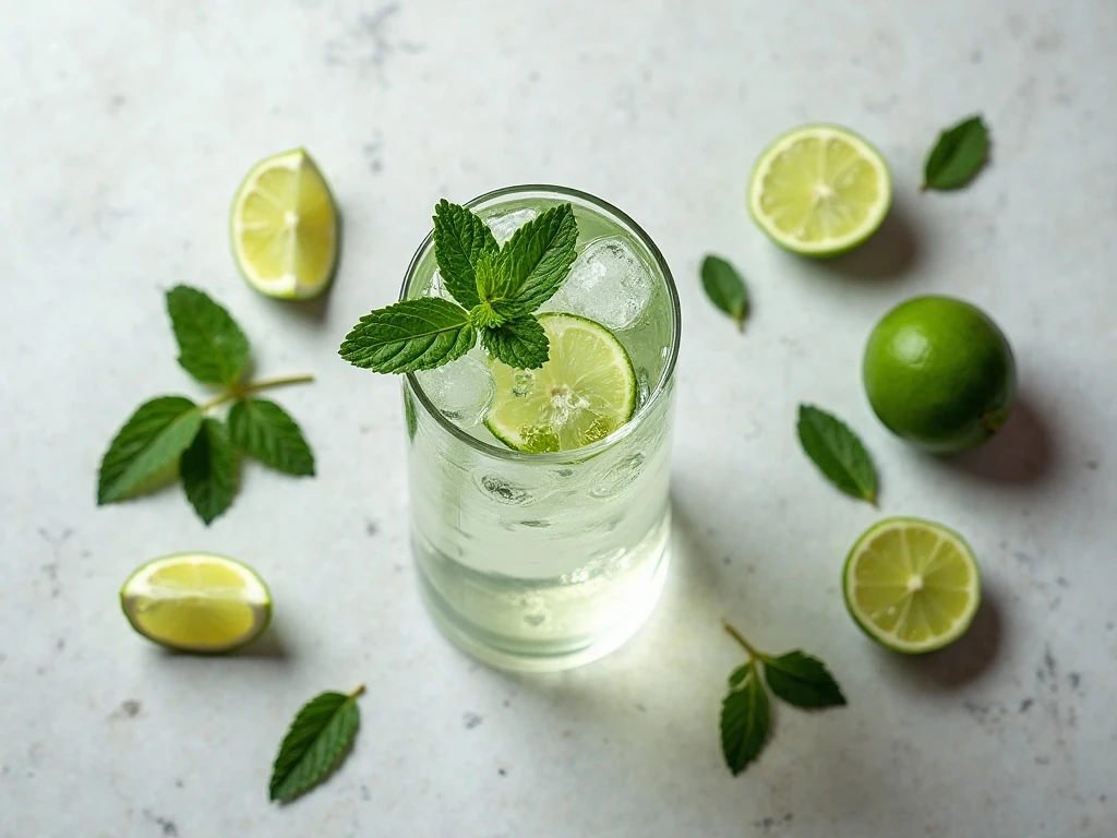 Ingredients for mint lime sparkling water arranged on a countertop