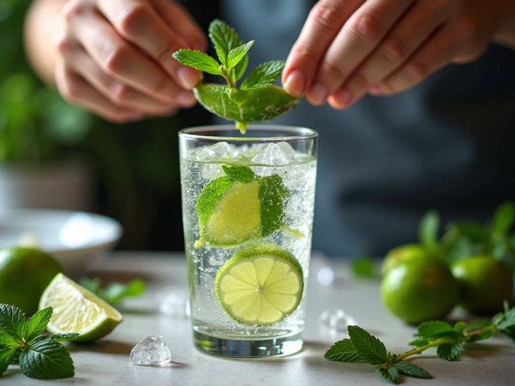 Mint leaves and lime juice being gently prepared for sparkling water