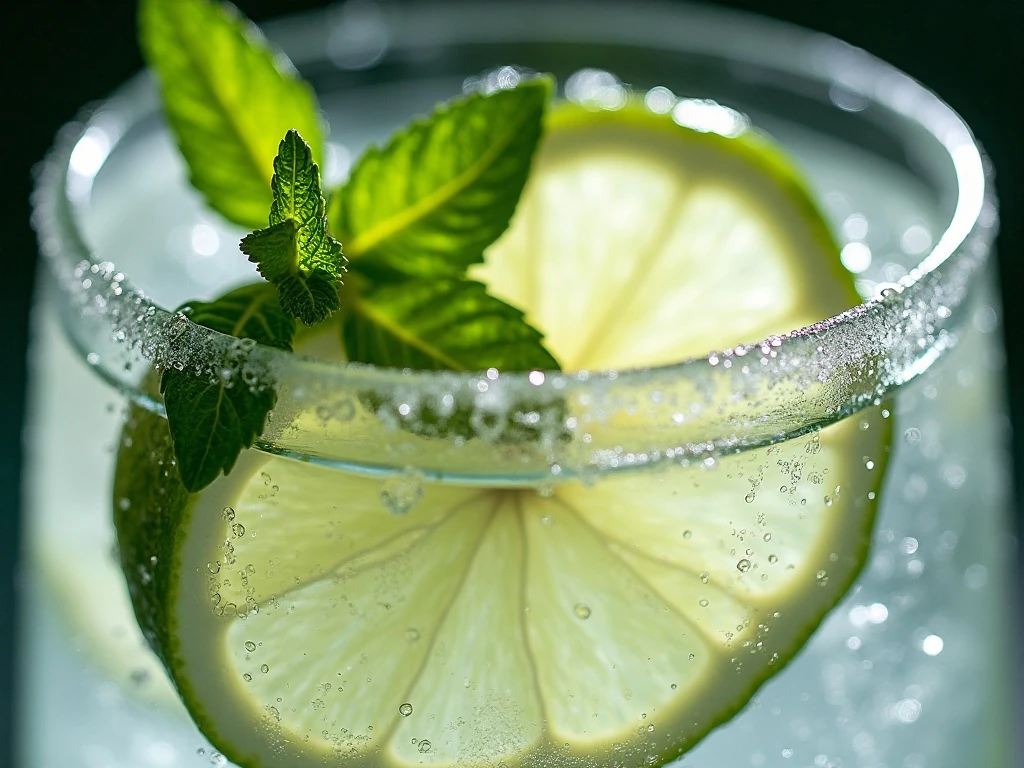 Close-up of bubbles, lime, and mint in a sparkling drink