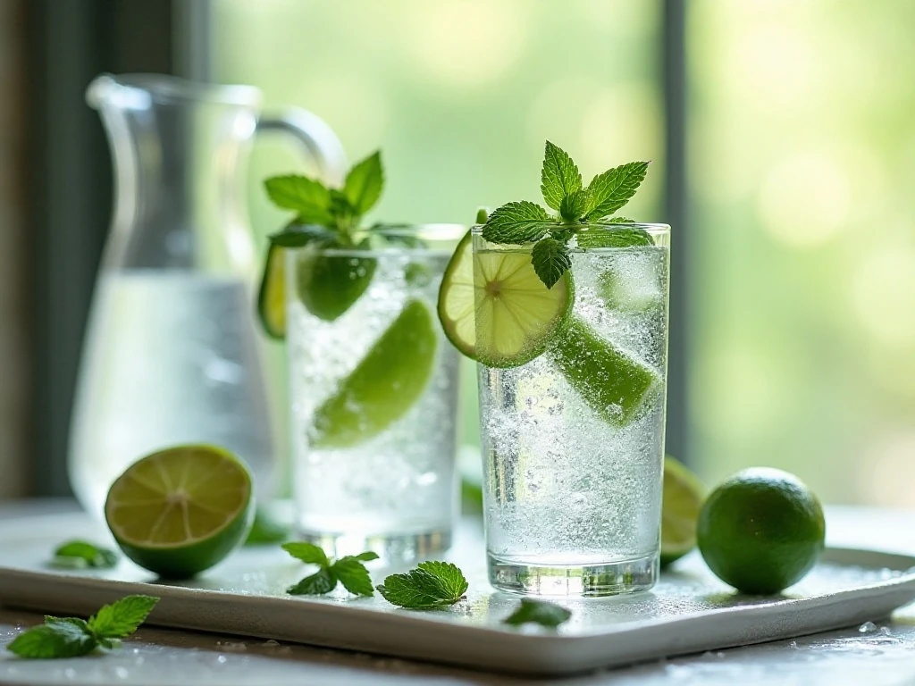 Mint lime sparkling water served in glasses with a pitcher and garnishes