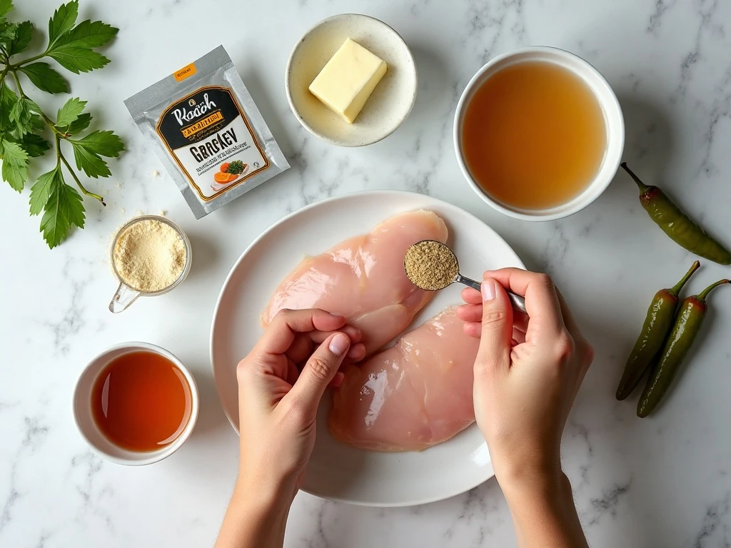 Ingredients for Instant Pot Mississippi Chicken arranged on a counter