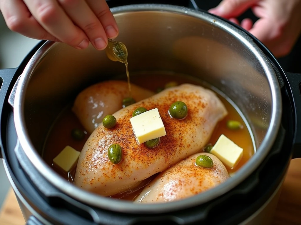 Chicken, butter, seasoning, and pepperoncini layered in an Instant Pot