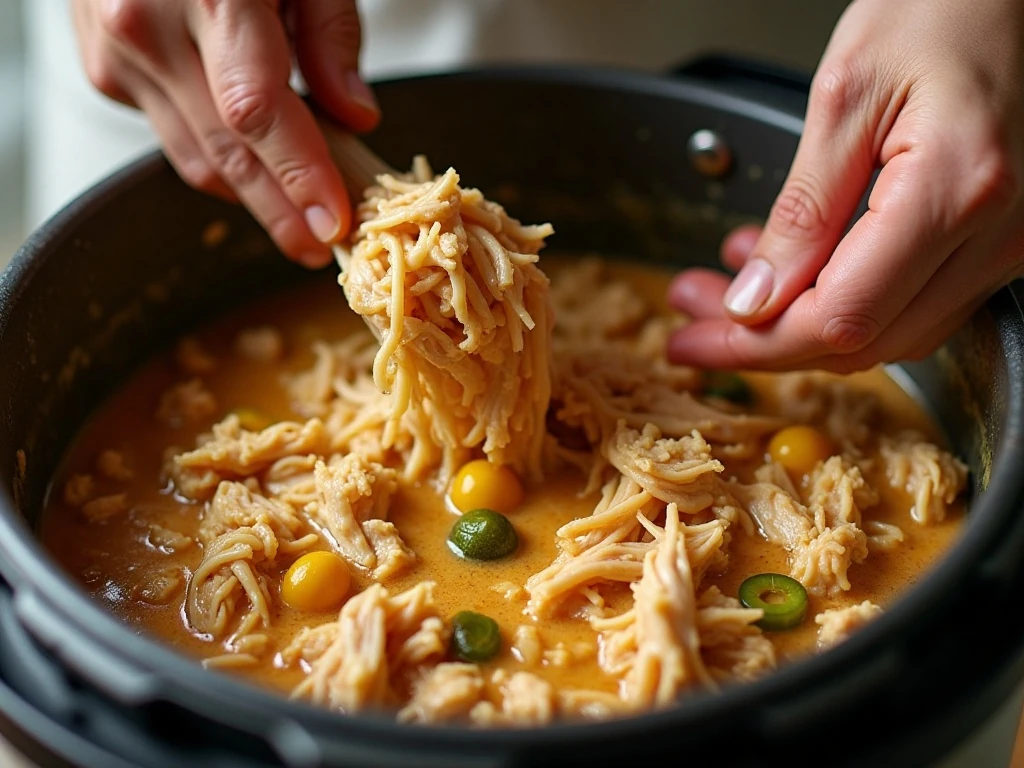 Tender shredded Mississippi chicken stirred into its sauce