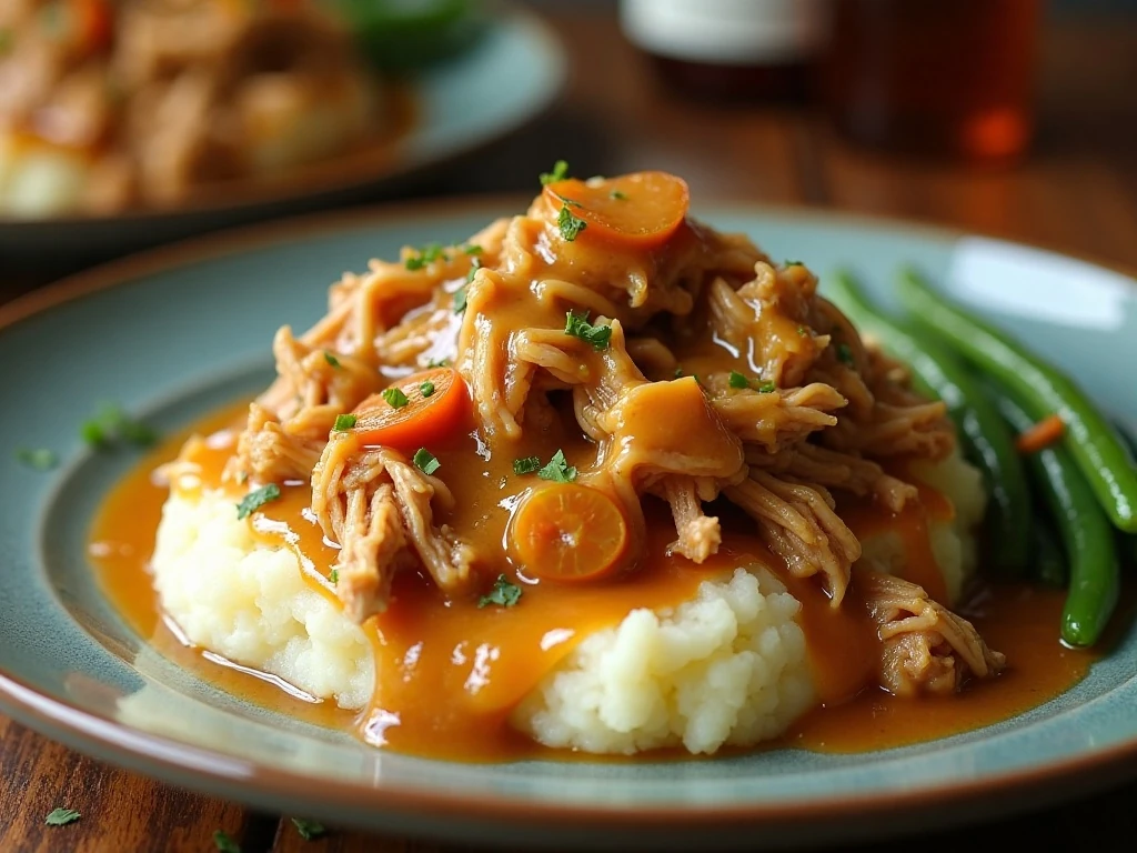Instant Pot Mississippi Chicken served over mashed potatoes