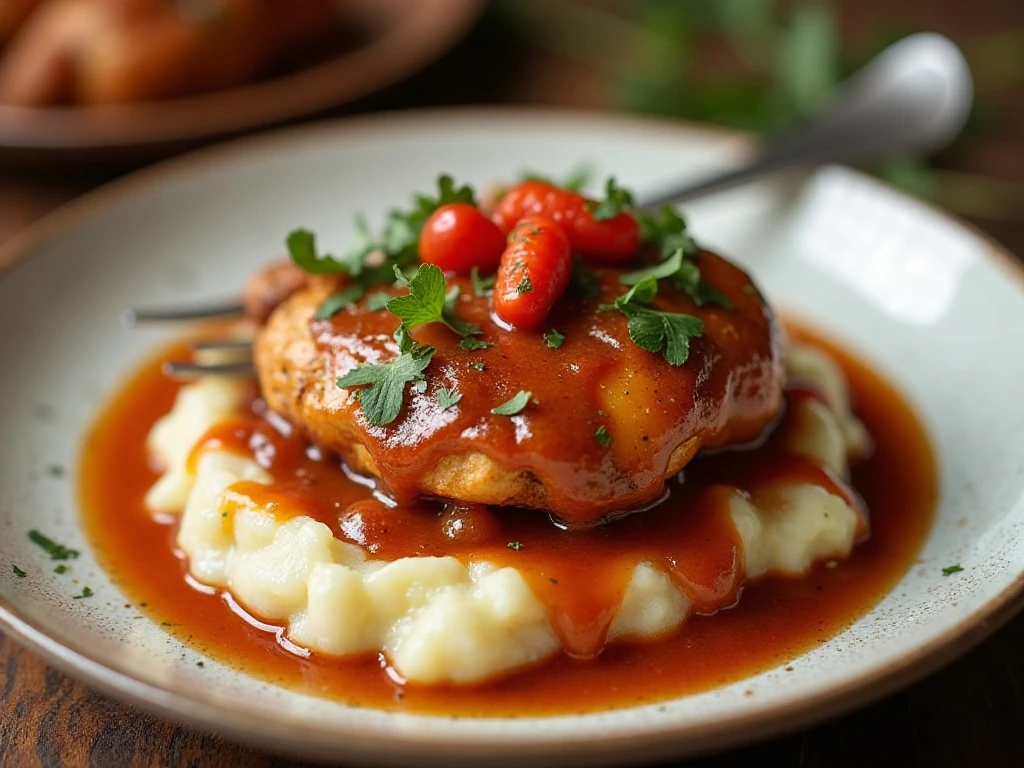 Crockpot Mississippi chicken served over mashed potatoes