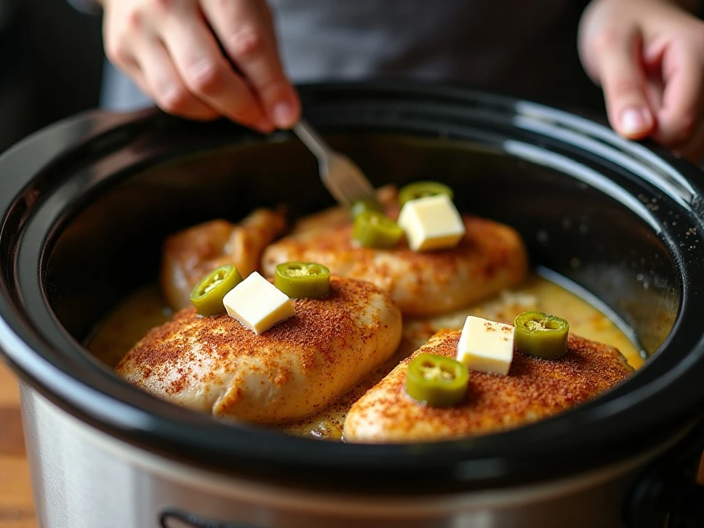 Chicken topped with seasoning, butter, and pepperoncini in a slow cooker