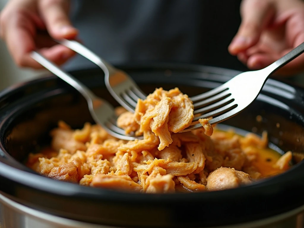 Shredding tender Mississippi chicken in its cooking juices
