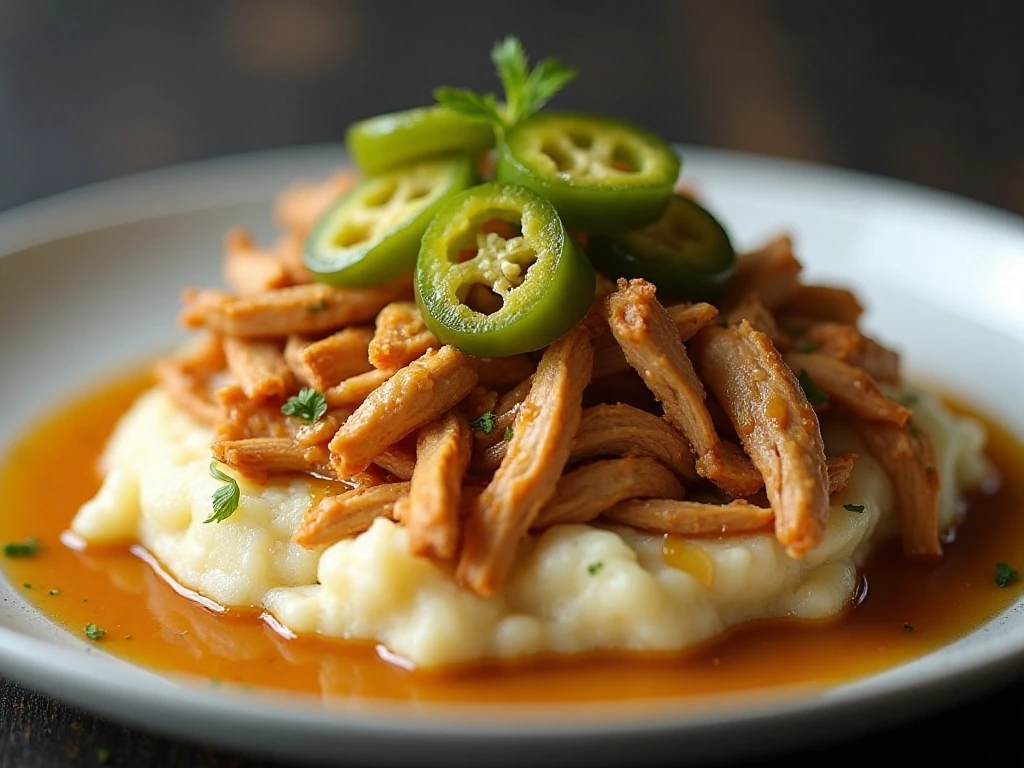 Mississippi chicken with pepperoncini over creamy mashed potatoes