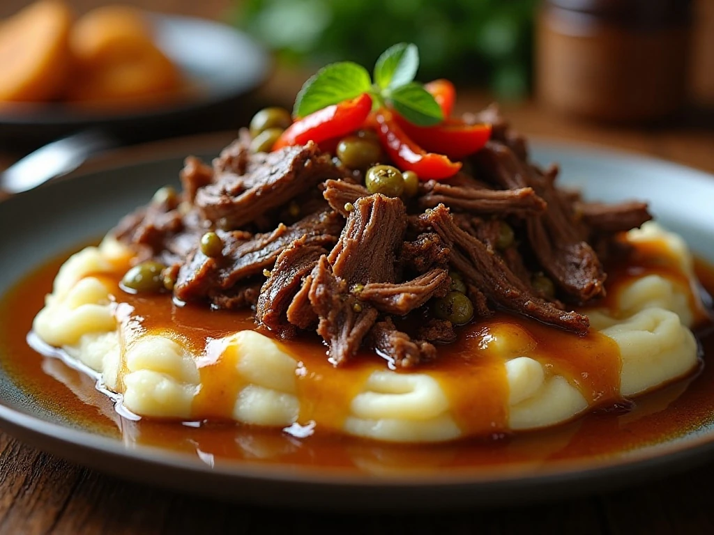 Tender Mississippi pot roast served over mashed potatoes with pepperoncini gravy
