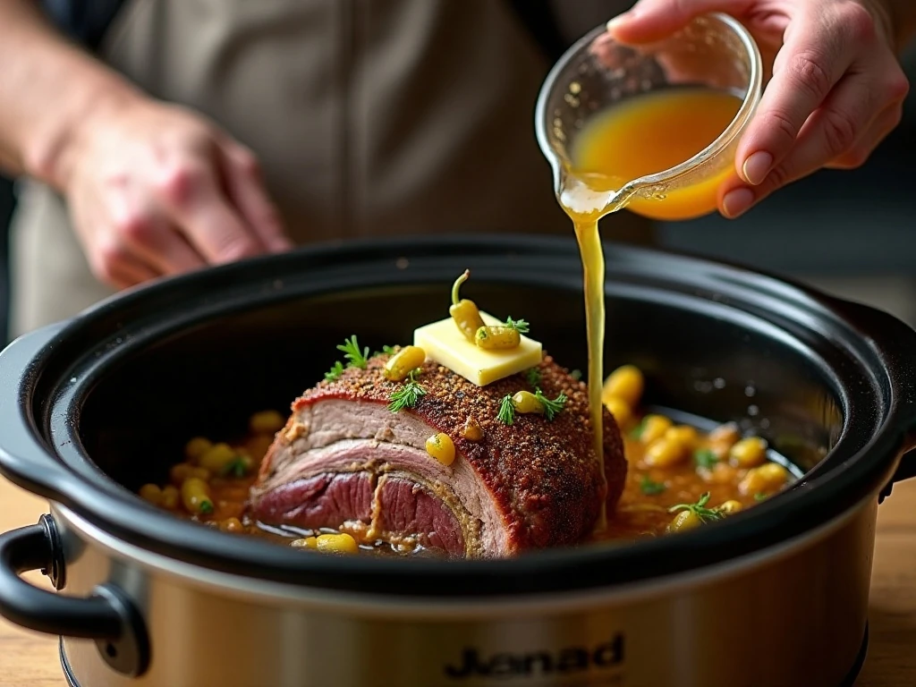 Chuck roast topped with butter and pepperoncini in a slow cooker