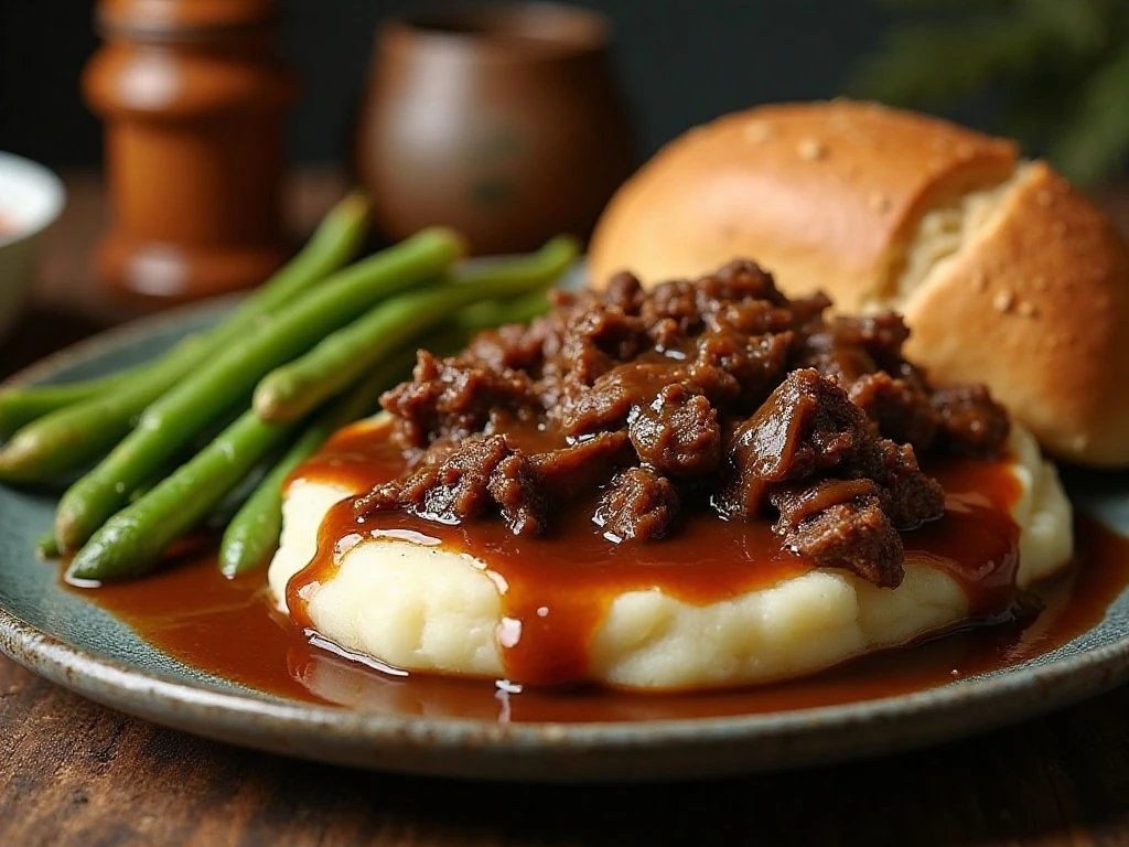 Mississippi pot roast dinner with mashed potatoes vegetables and bread