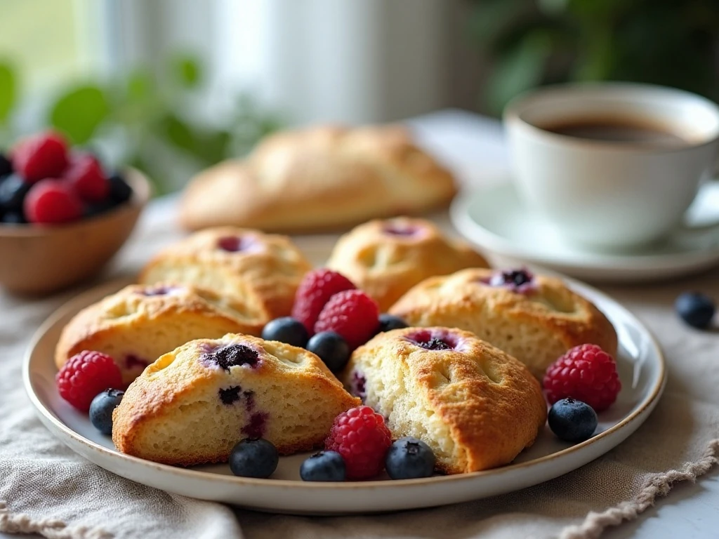 Golden mixed berry scones arranged on a breakfast platter