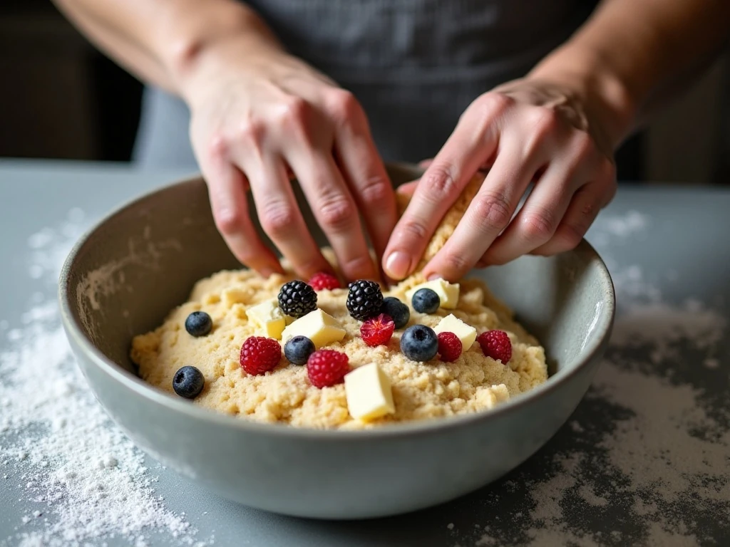 Mixed berries being folded into scone dough