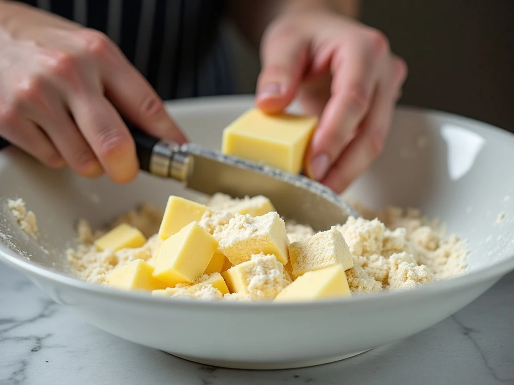 Cold butter being cut into flour for flaky scones