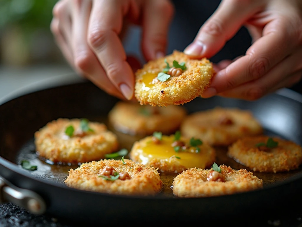 Pan-frying walnut-crusted goat cheese rounds