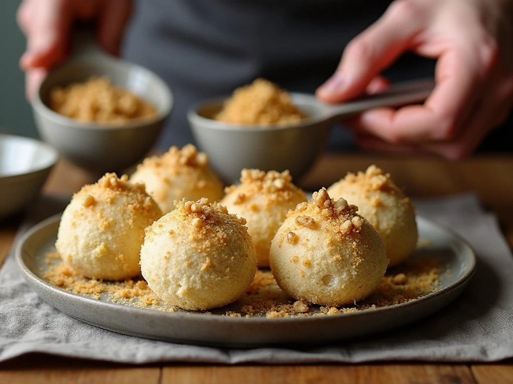 Breaded goat cheese rounds ready for chilling and frying