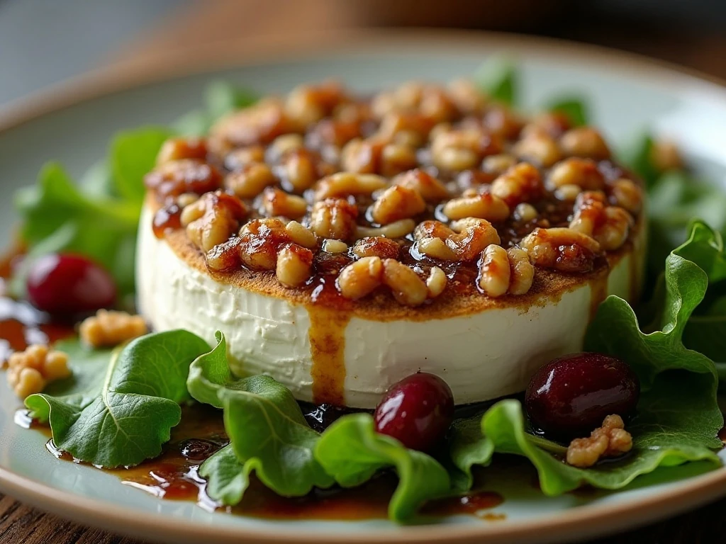 Close-up of walnut-crusted goat cheese with balsamic dressed greens