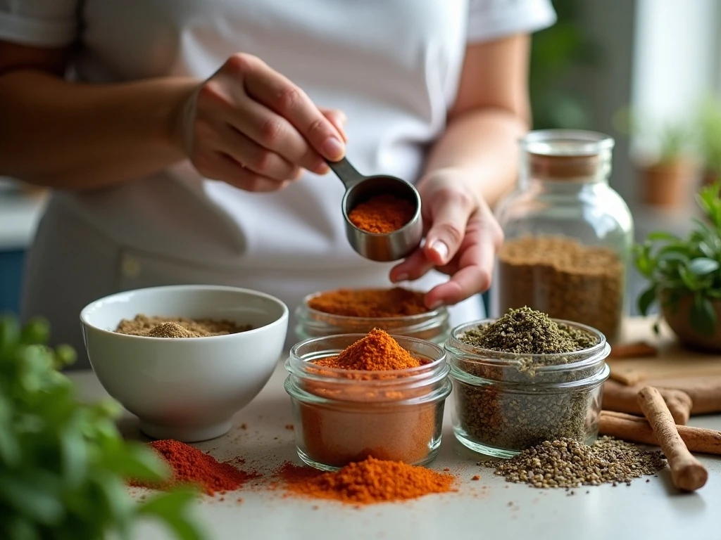 Preparing homemade spice mixes by measuring and whisking dry ingredients