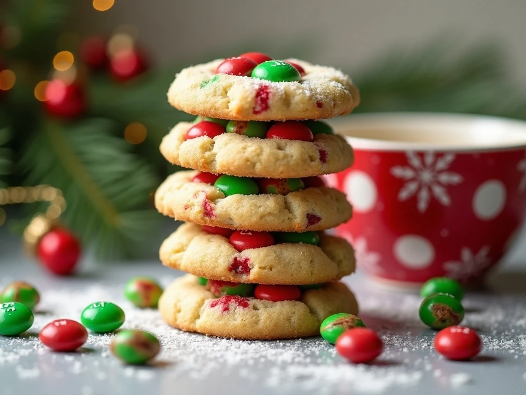 Stack of soft red and green MM Christmas Cookies