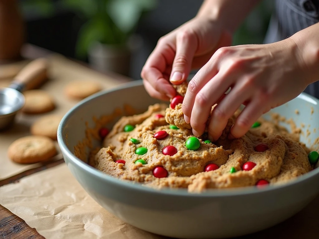 Folding Christmas candies into cookie dough