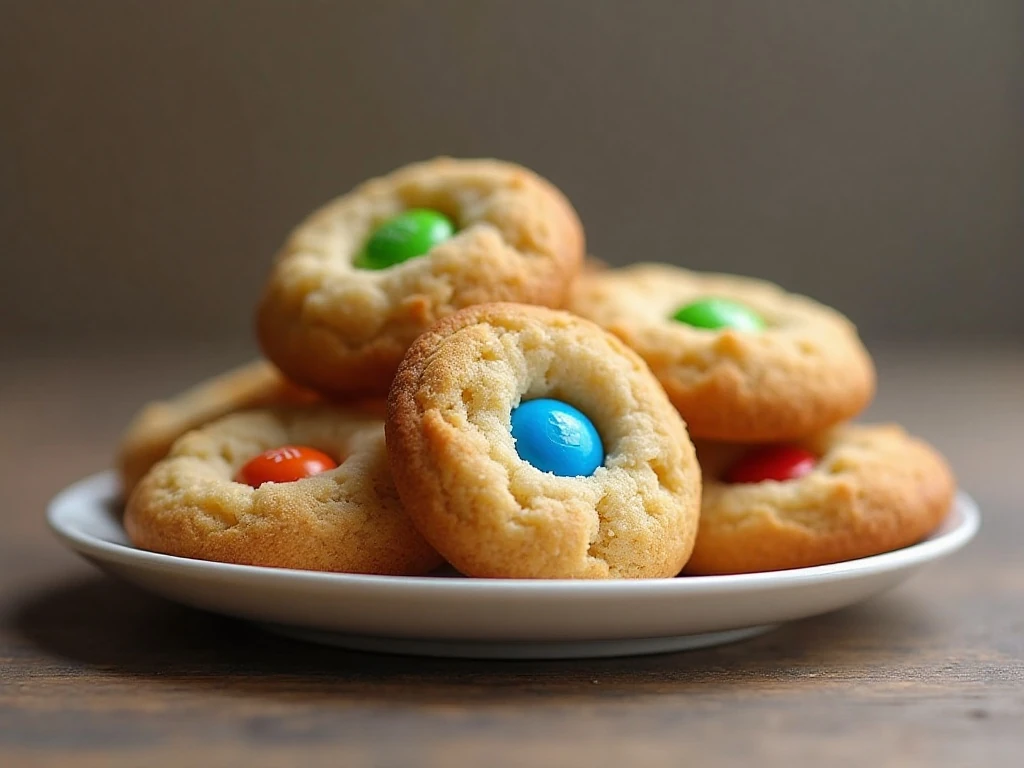 Stack of chewy M&M cookies with colorful candy pieces
