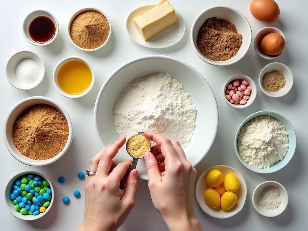 Ingredients for chewy M&M cookies with shortening