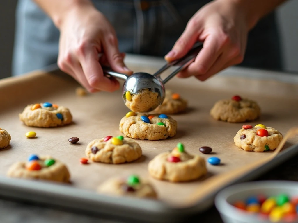 Scooping M&M cookie dough onto a parchment-lined baking sheet