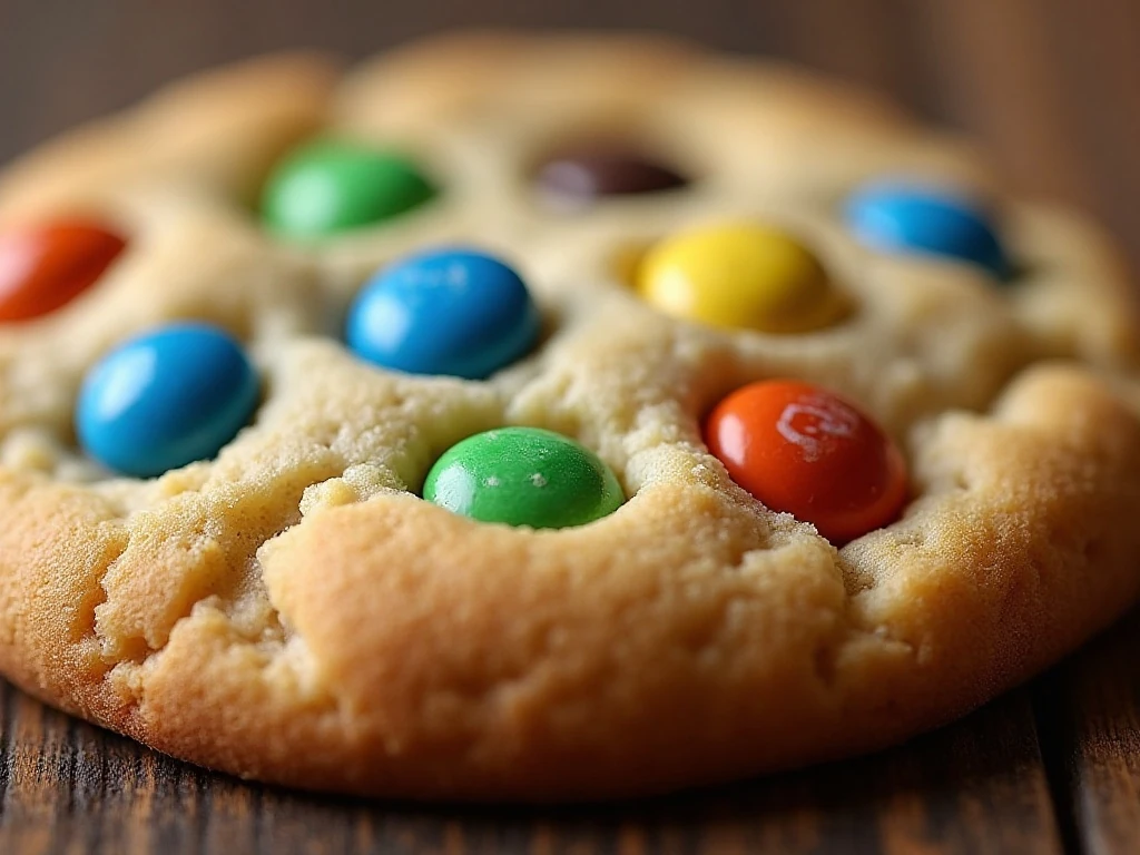 Close-up of a soft-centered chewy M&M cookie