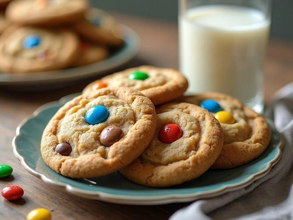 Chewy M&M cookies served with milk
