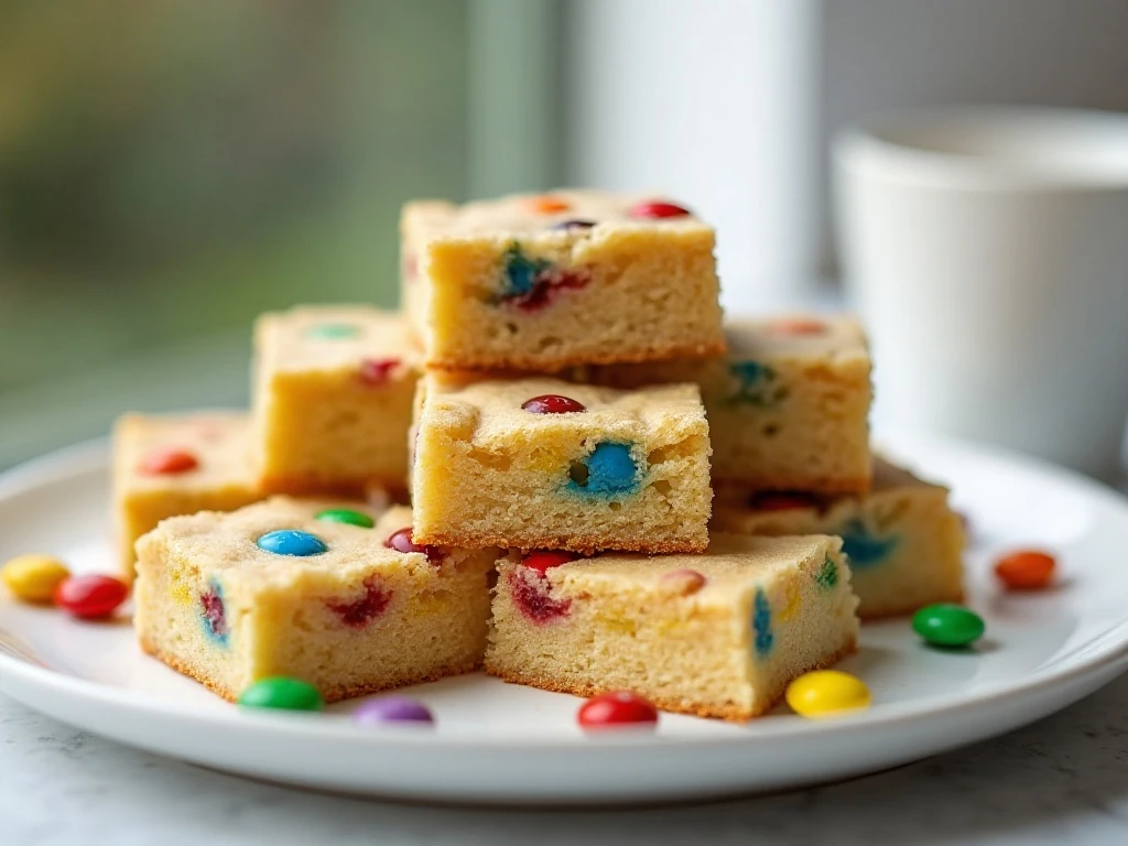 Stack of colorful M&M vanilla cookie bars on a serving plate