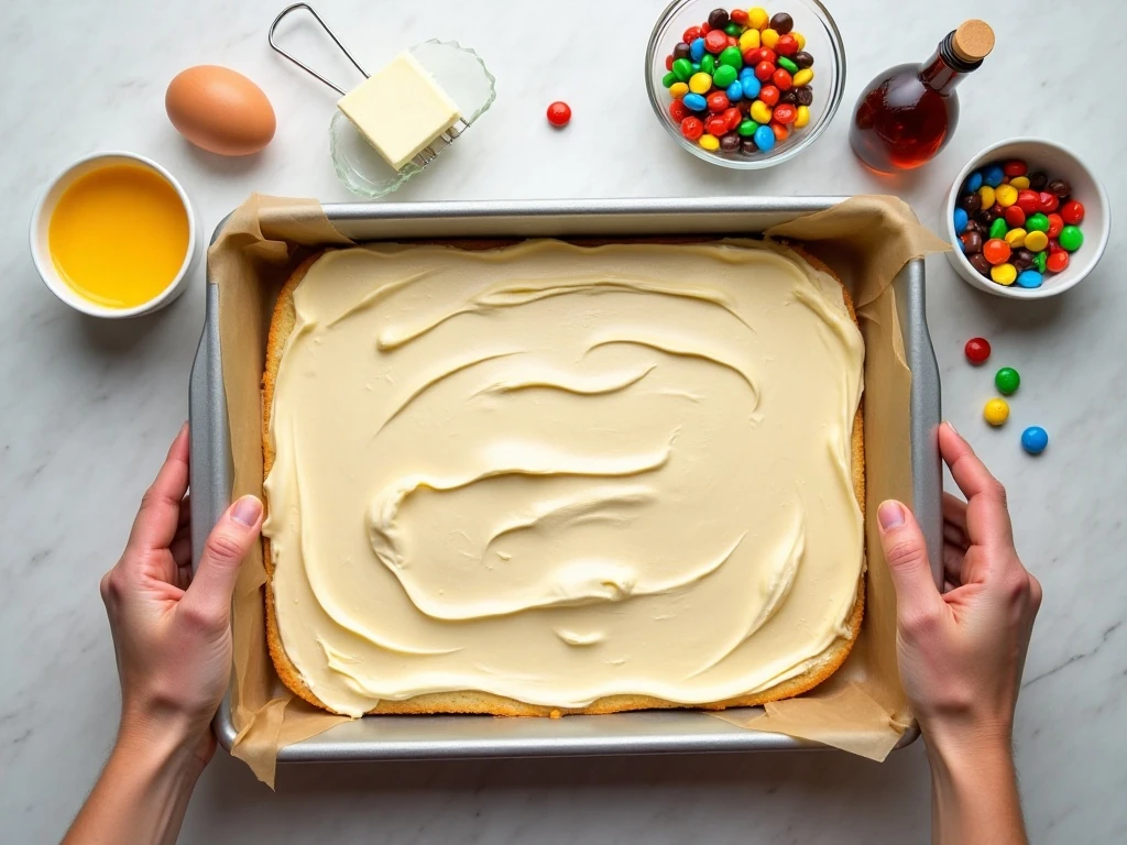 Ingredients for easy M&M vanilla cookie bars