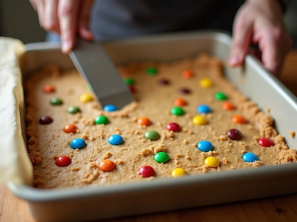 Cookie-bar dough being pressed into a baking pan