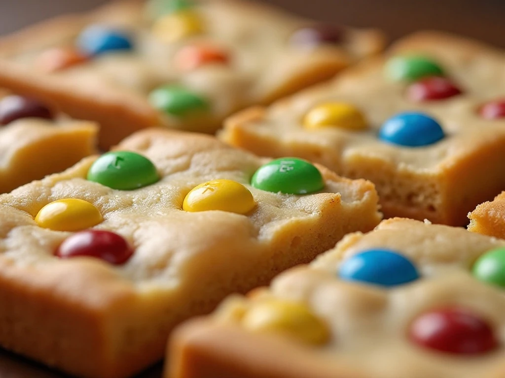 Colorful M&Ms on freshly baked cookie bars