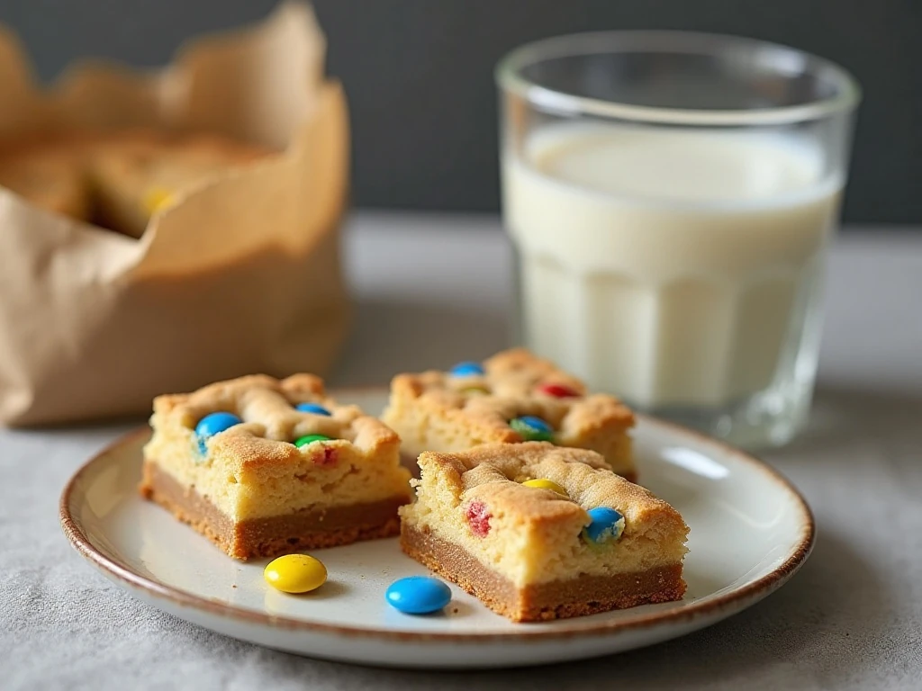 M&M cookie bars served with milk
