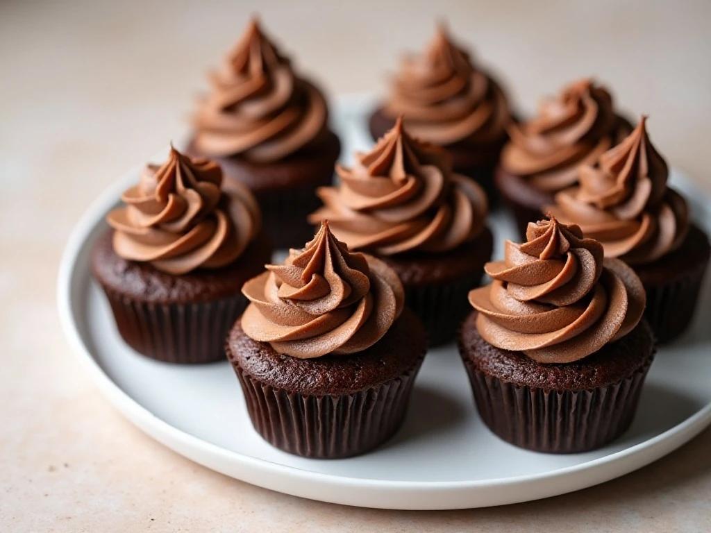 A platter of homemade mocha coffee cupcakes with coffee-chocolate buttercream
