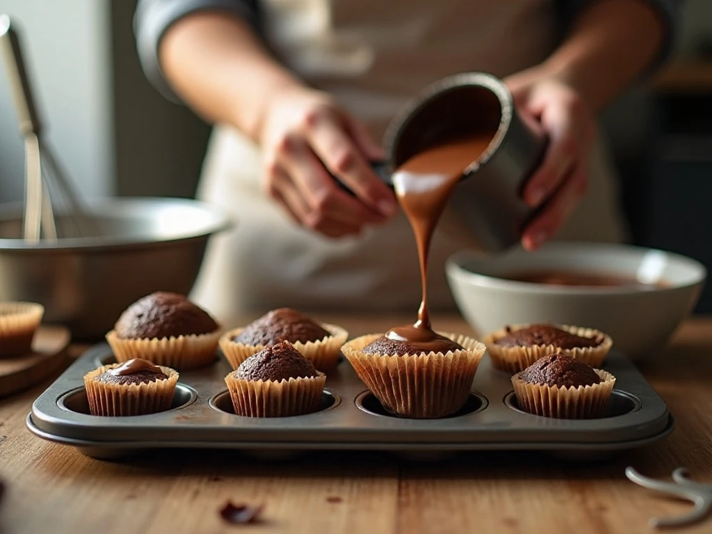 Thin mocha cupcake batter being portioned into a lined muffin pan