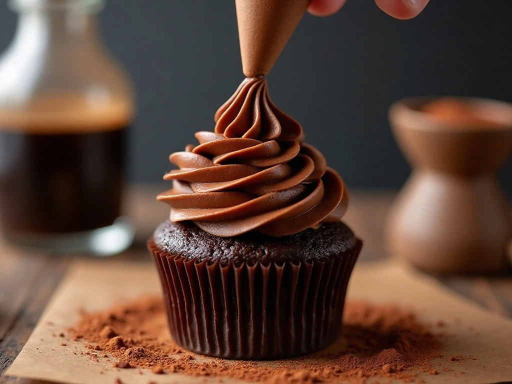 Coffee-chocolate buttercream being piped onto a mocha cupcake