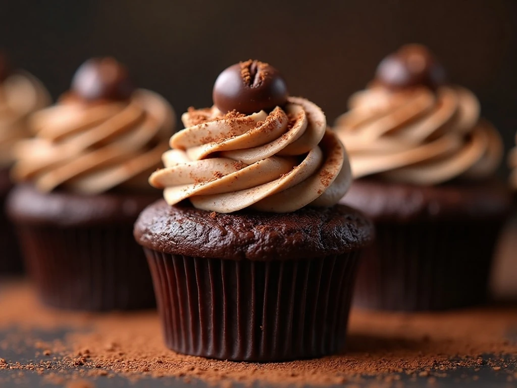 Close-up of a mocha cupcake decorated with cocoa and chocolate shavings