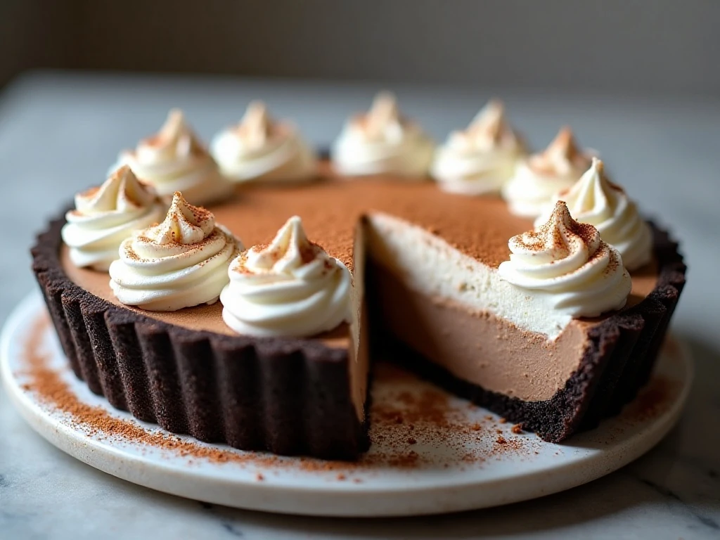 Whole mocha cream pie with a slice showing chocolate crust, mocha filling, and whipped cream