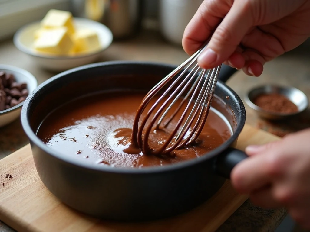 Cooking mocha chocolate custard in a saucepan for cream pie