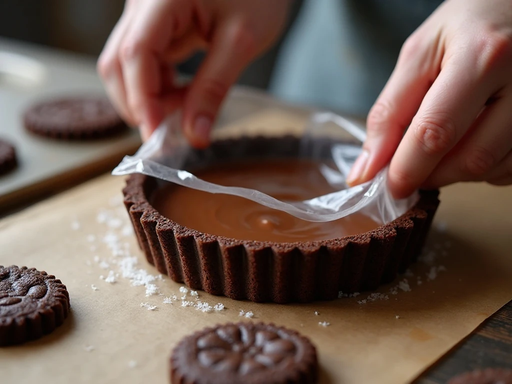 Mocha custard being poured into a baked chocolate cookie crust