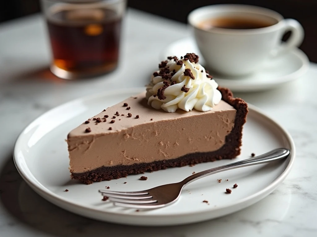 Served slice of chilled mocha cream pie with chocolate curls