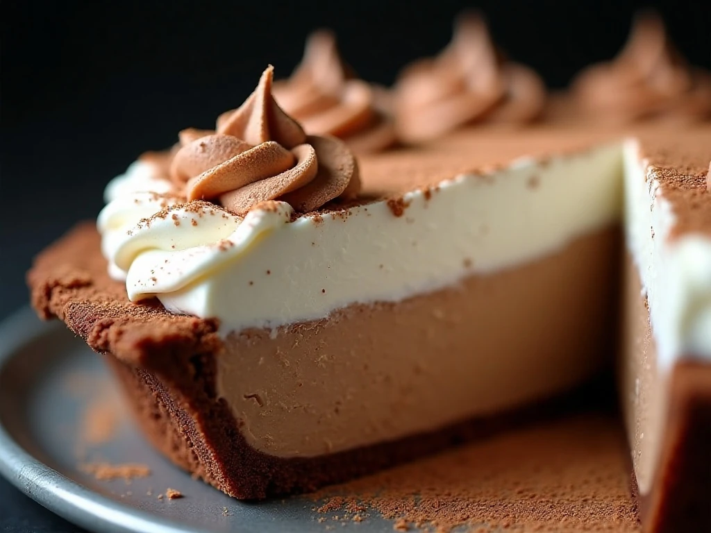 Close-up of chocolate curls and whipped cream on mocha pie
