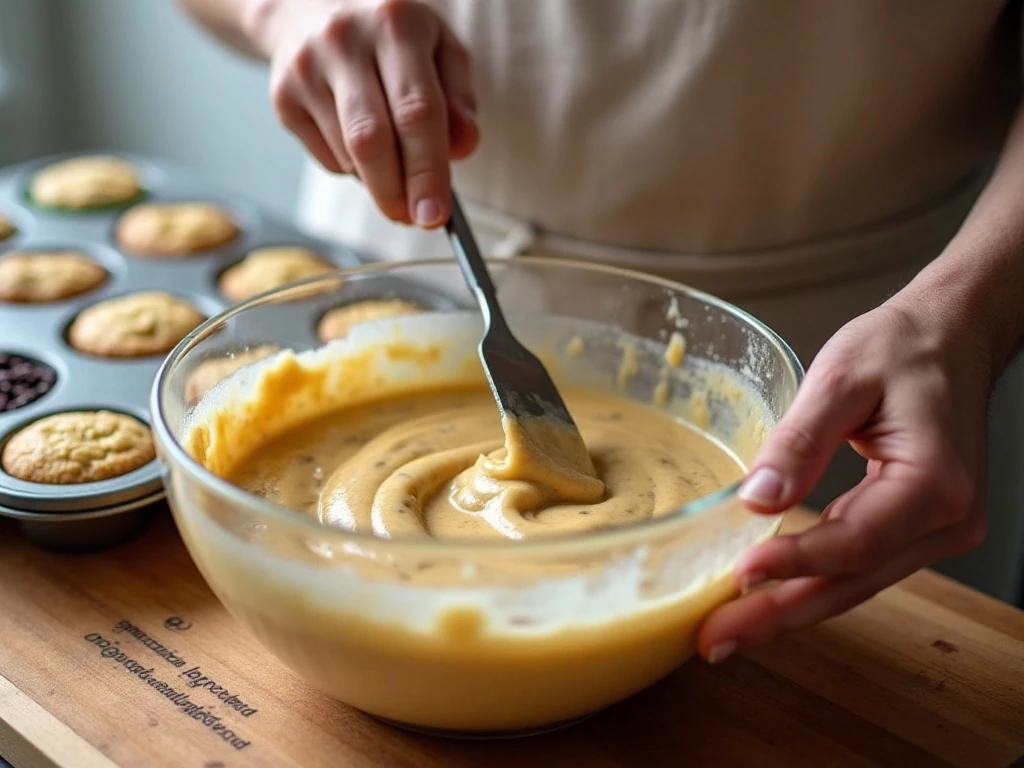 Gently mixing banana muffin batter before baking