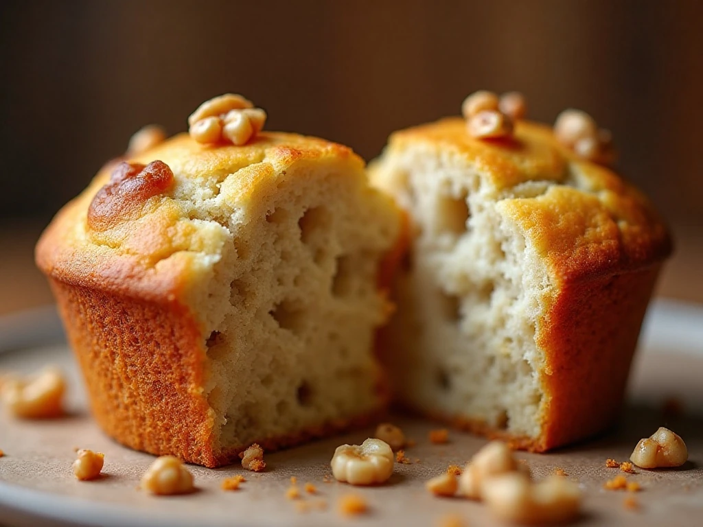 Close-up of the tender crumb inside a banana muffin