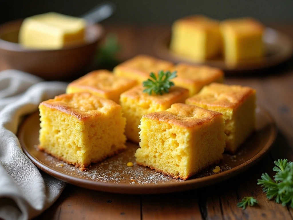 Golden moist buttermilk cornbread squares arranged on a serving platter