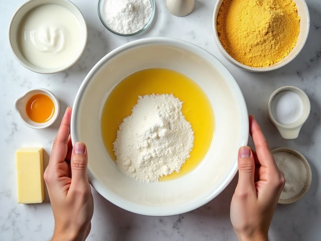 Ingredients for moist buttermilk cornbread arranged for baking