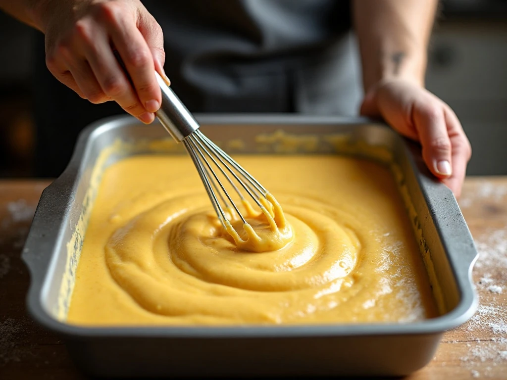 Cornbread batter being mixed before baking in a 9 x 13-inch dish