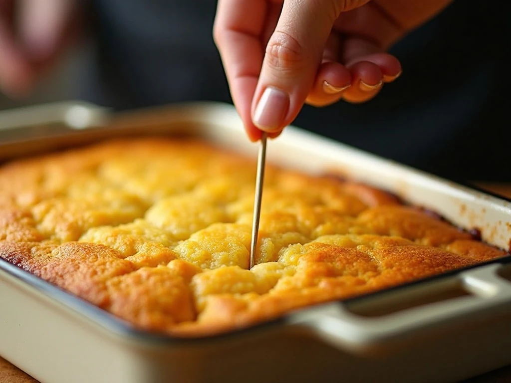 Toothpick testing moist cornbread for doneness